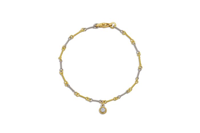18k yellow and white gold handmade "twist" chain, 18k white gold, 20k yellow gold granulation, double-set dangle, diamonds VS/F, 7 inch long, will adjust length to request DIAMOND DANGLE BRACELET - $1,300