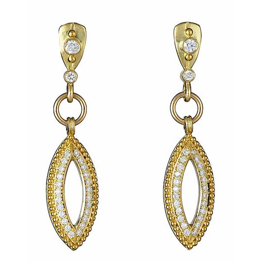 18k yellow gold, 20k yellow gold granulation, diamonds SHIELD EARRINGS WITH MARQUISE DANGLE