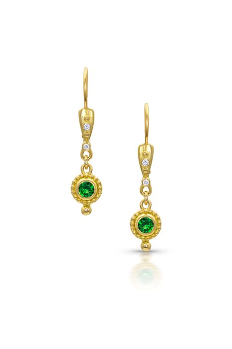 18k yellow gold, tsavorite, diamonds VS/F, lever backs. DANGLE SHIELD EARRINGS - $1875