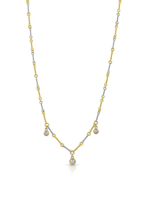 18k white gold, 20k granulation, diamonds VS/F, handmade "twist" 2-tone chain in 18k white / yellow gold,16" inch long, length per request 3-DANGLE DIAMOND NECKLACE - $2800
