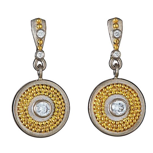 18k white and 20k yellow gold granulation, diamonds SMALL SHIELD DISC EARRINGS