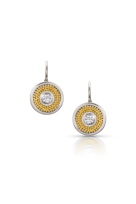 18k white gold, 20k yellow gold granulation, diamonds VS/F, lever backs. 2-TONE SMALL DISC EARRINGS - $2100 / sold (leverback swivel variation currently available)