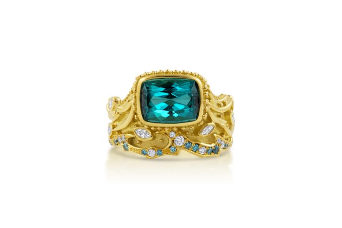 custom made in 18k yellow gold with indicolite tourmaline, marquise diamonds VS/F (total diamond weight 26 points), dimensions: taper varies 13.95mm to 5.2mm, size 7.5 OCEAN RING - $9700