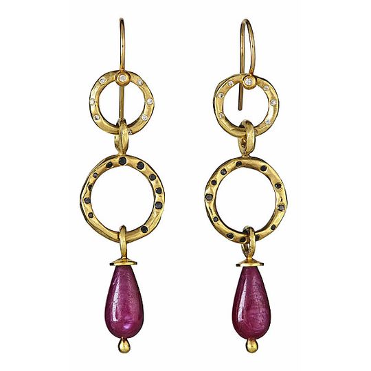 18k yellow gold, diamonds white and black, ruby dangles JOURNEY EARRINGS - 3 TIERS