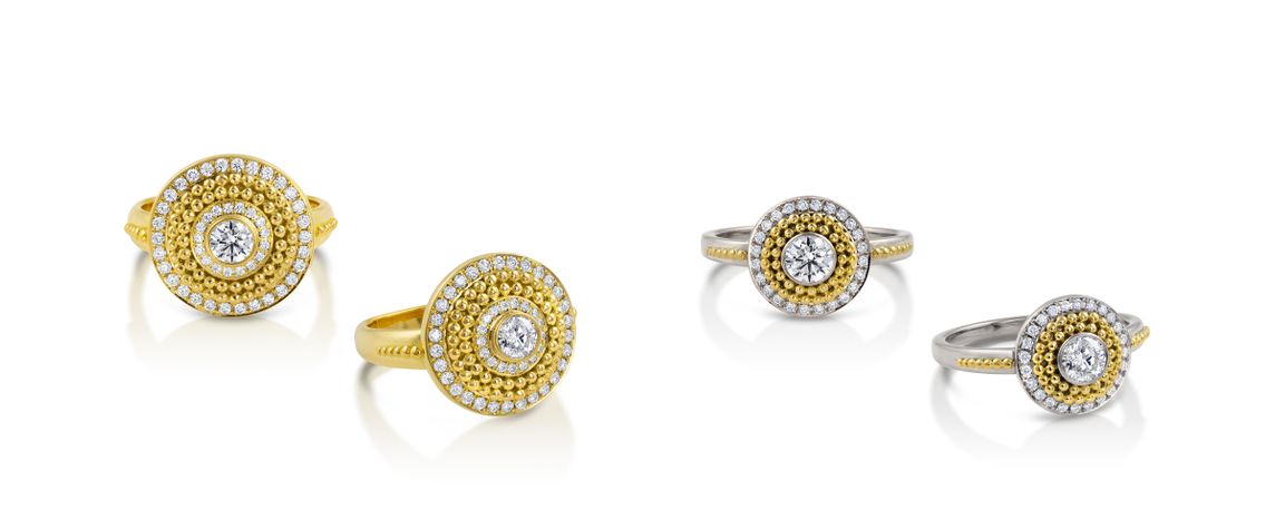 18k gold with 20k granulation, diamonds VS/F CIRCLE OF LIGHT RINGS