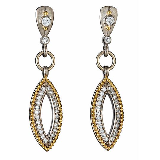 18k white gold, 20k yellow gold granulation, diamonds 2-TONE SHIELD EARRINGS WITH MARQUISE DANGLE