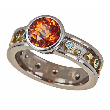 18k white and yellow gold, blue diamonds Orange Sapphire Passion Ring