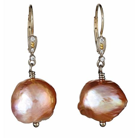 18k white gold, 20k yellow gold accents, fresh water pearls. SHIELD PEARL EARRINGS