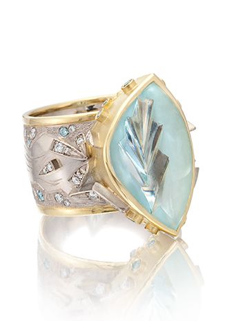18k white and yellow gold, Aquamarine, white and blue diamonds GLACIER FLOWER RING