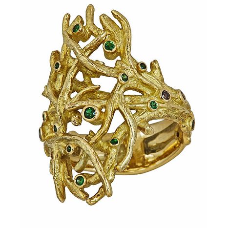 18k yellow gold, tsavorites, brown diamonds, will size to request. TREE RING - $3,200
