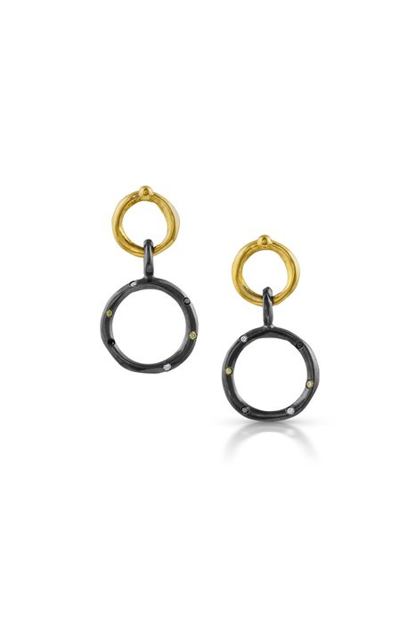 18k yellow gold, oxidized silver, black, yellow, white diamonds, posts JOURNEY EARRINGS, 2-TIER - $1200