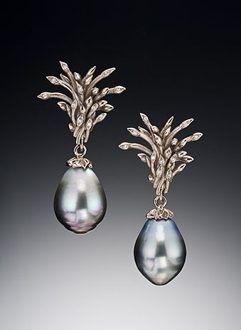 18k white gold, brushed satin finish, diamonds VS-F (total diamond weight 22 points), Tahitian pearls (baroque)Dimensions: 1.6”H x 0.85”W. SEED EARRINGS WITH TAHITIAN PEARLS