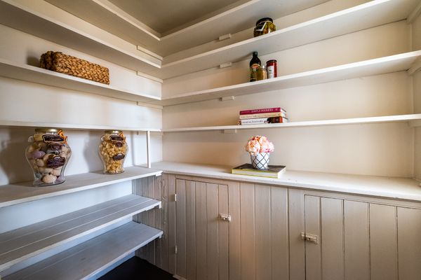 Light on pantry shelves farmhouse.