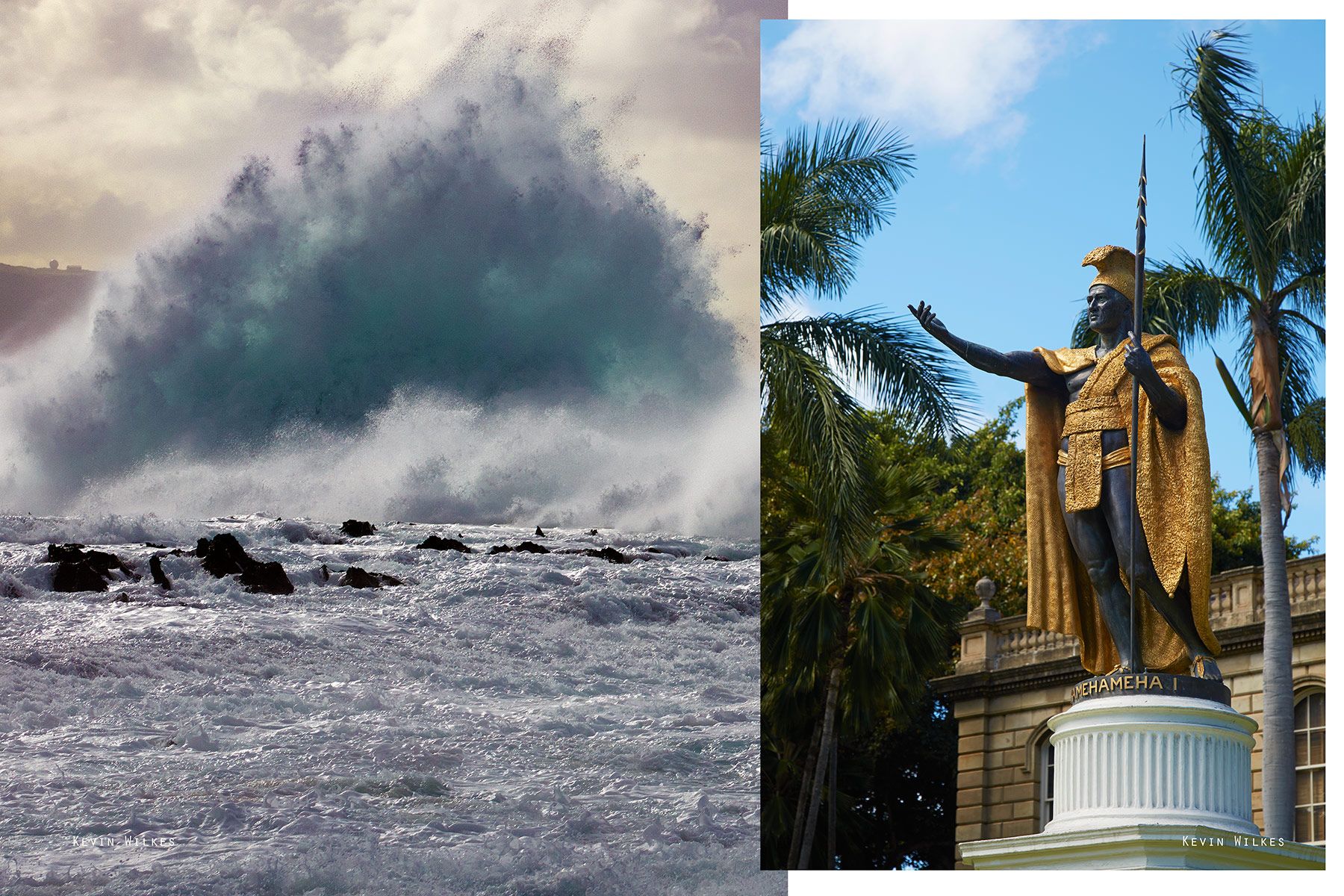 Surf at Sharks Cove. King Kamehameha I statue Honolulu. Oahu