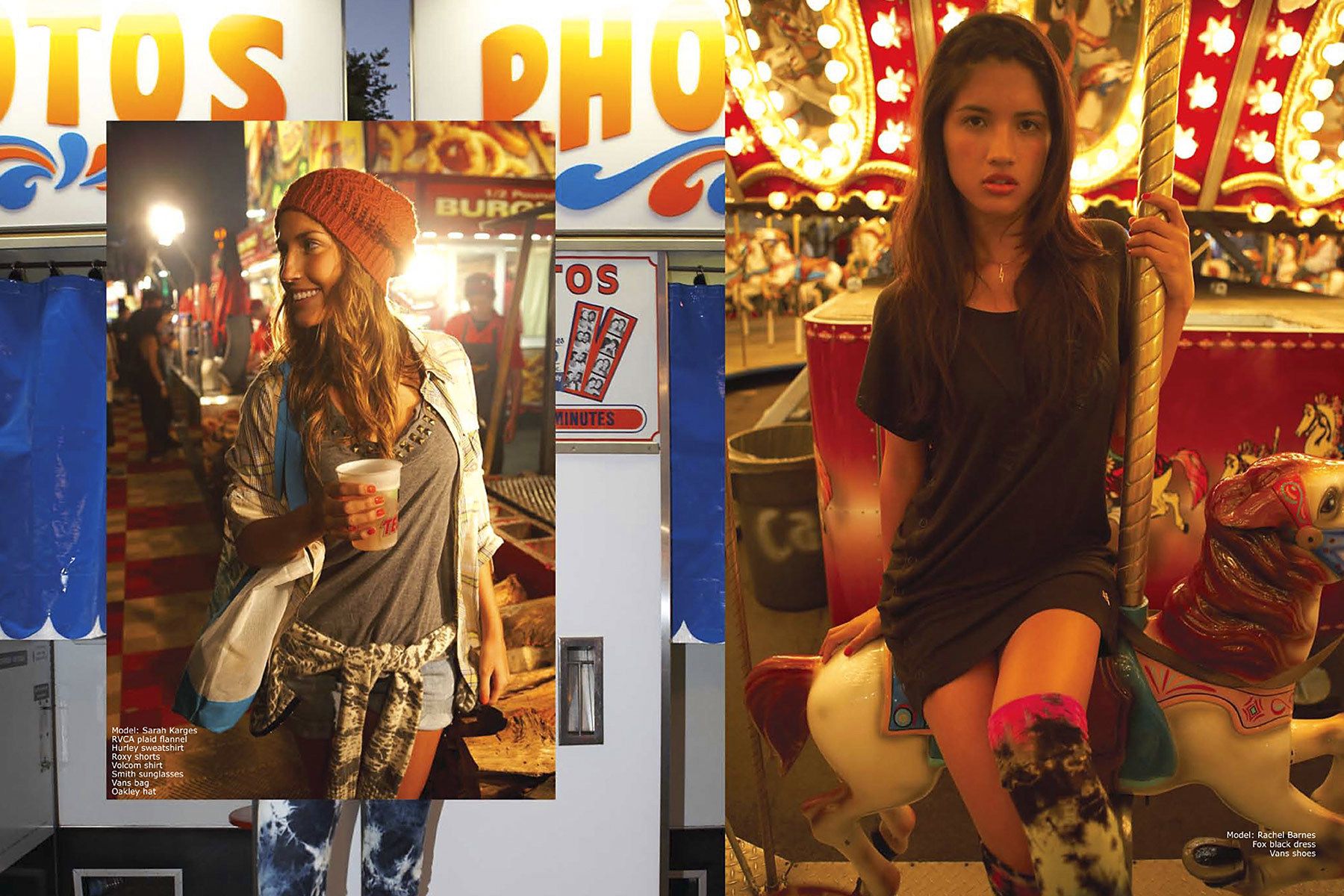 OC Fair. Sarah Karges(left)plaid flannel by RVCA, shorts by Roxy,Bag by Vans, hat by Oakley, beer by Tecate. Rachel Barnes dress by Fox.