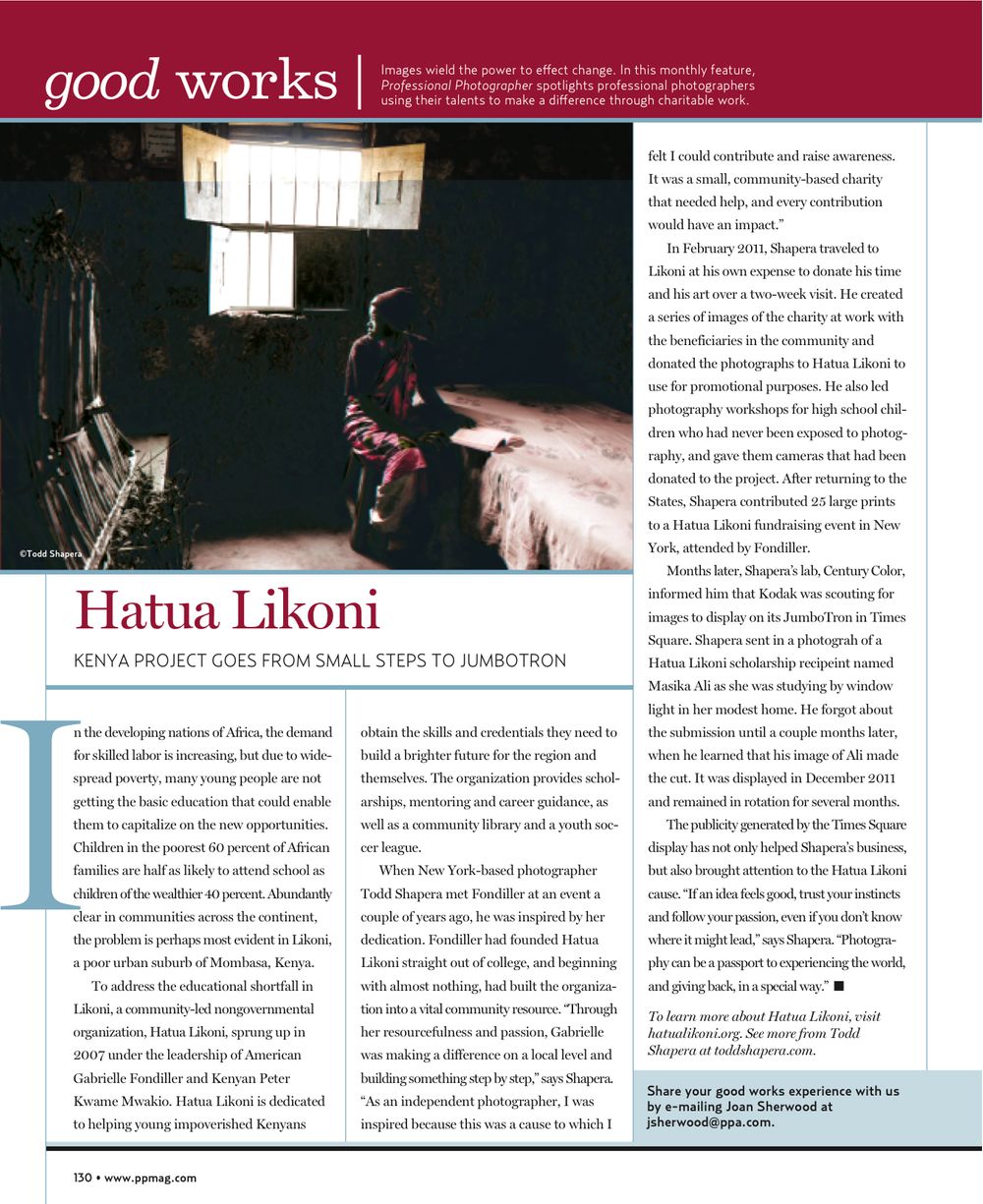 Professional Photographer magazine. The photo also appeared on Kodak's Jumbotron in Times Square. A Scholarship Program In Kenya