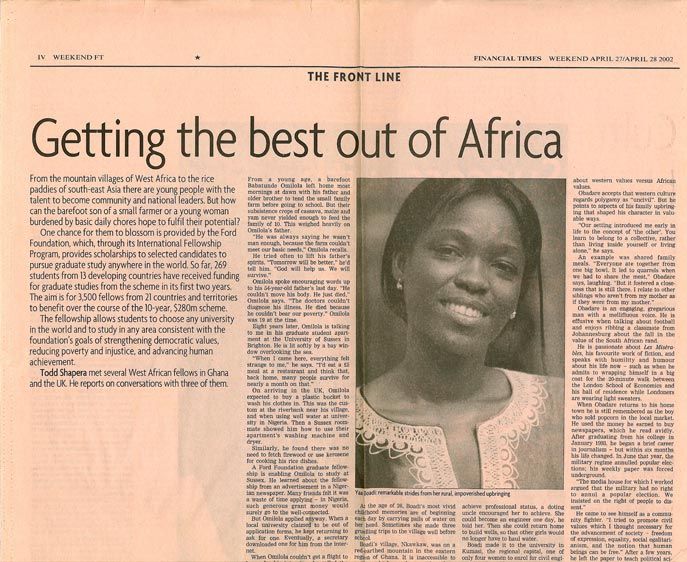 The Financial Times, Weekendprofiles Yaa Bodi, engineer, recipient of Ford Foundation Fellowship For Ghana- Ford Foundation Scholar