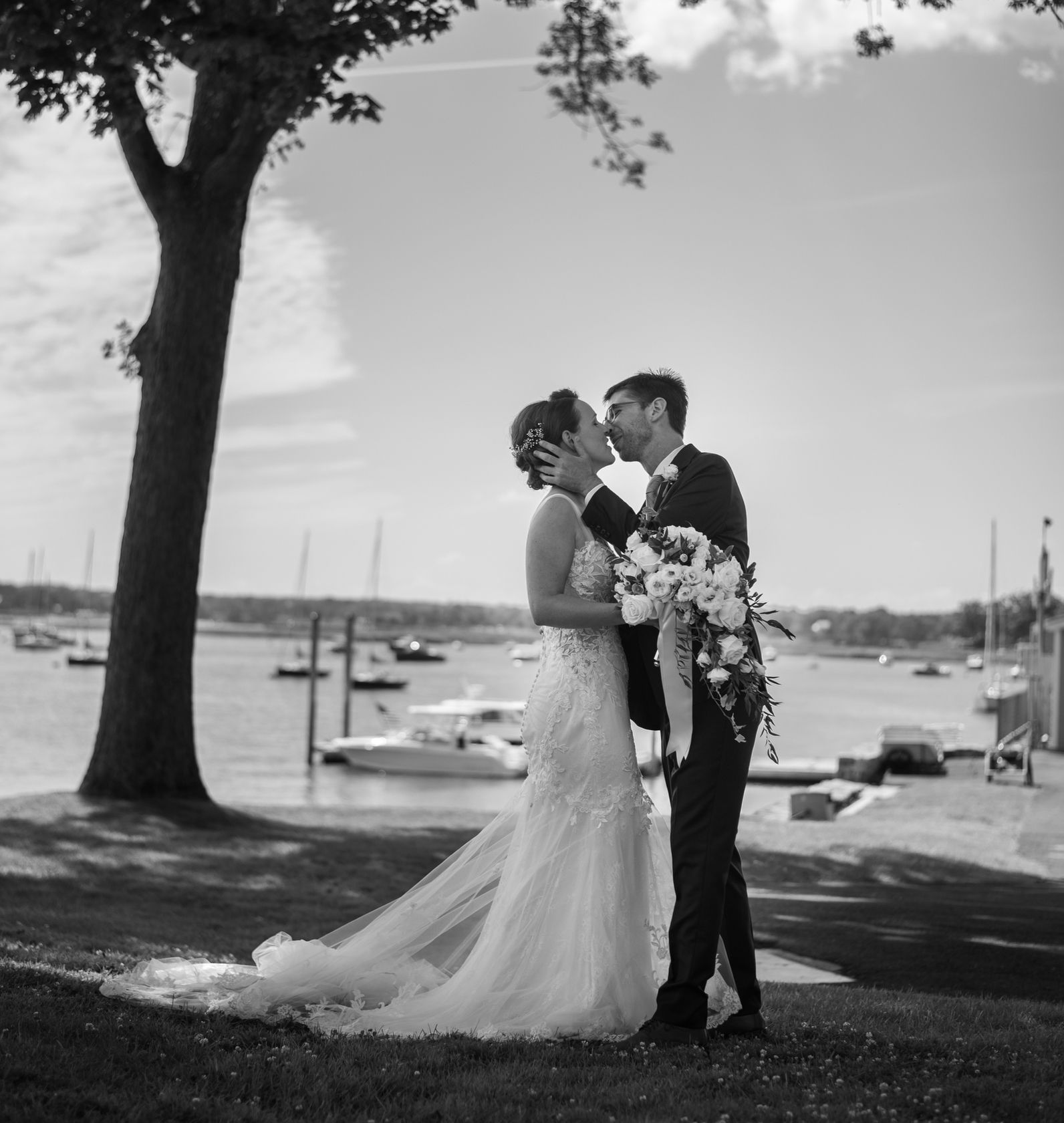 A Yacht Club Wedding Kiss In Black and White