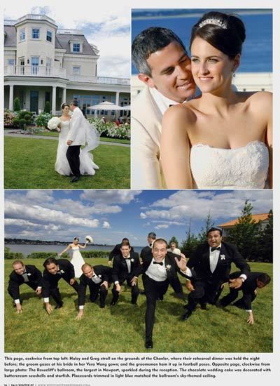 Newport wedding Bride and Groom at Chanler Inn and Rosecliff Mansion.Groomsmen in formation on Chanler's lawn. Westchester Weddings Magazine