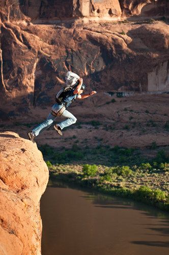 Diego Calderoni base jumping 'Yellow Line" on the Colorado River near Moab Utah 1base_jump_moab_ut