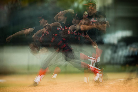 7 frame in camera exposure of San Diego State starting pitcher Brett Seeburger. The San Diego State Aztec's baseball team opens up the season against the University of Pacific. The Aztecs beat the Tigers 9-4. BASEBALL: San Diego State v University of Pacific