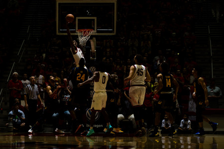 09 December 2017: The San Diego State men's basketball team hosts the California Golden Bears Saturday afternoon. San Diego State Aztecs forward Malik Pope (21) puts back a missed shot for a basket in the first half against Cal. The Aztecs trail 39-34 at halftime.
www.sdsuaztecphotos.com Basketball: San Diego State v Cal