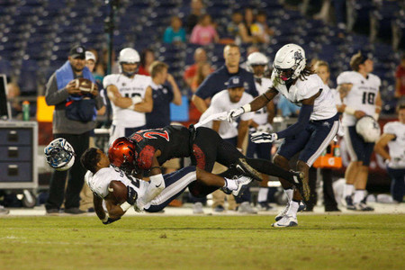 The San Diego State Aztecs football team took on the Utah State Aggies in a battle of first place teams in the Mountain West. SDSU beat Utah State 48-14 at Qualcomm Stadium in San Diego, California. FOOTBALL: San Diego State v Utah State