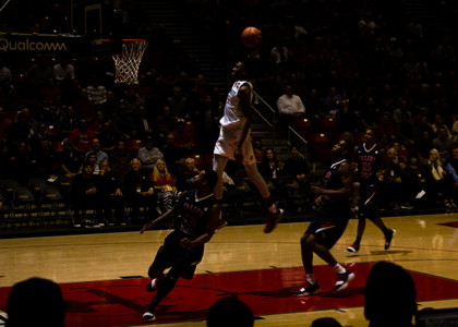 17 January 2018: San Diego State Aztecs forward Jalen McDaniels (5) dunks the ball on a fast break against Fresno in the first half. San Diego State dropped a tough game to Fresno State 77-73 at Viejas Arena.
More game action at www.sdsuaztecphotos.com BASKETBALL: San Diego State v Fresno