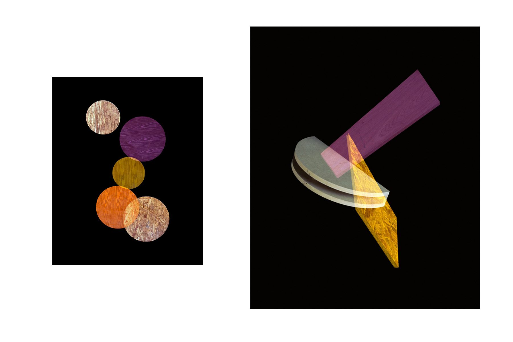 Purple, orange, yellow circles, 2014 (left) ; Yellow, lilac composition, 2014 (right)