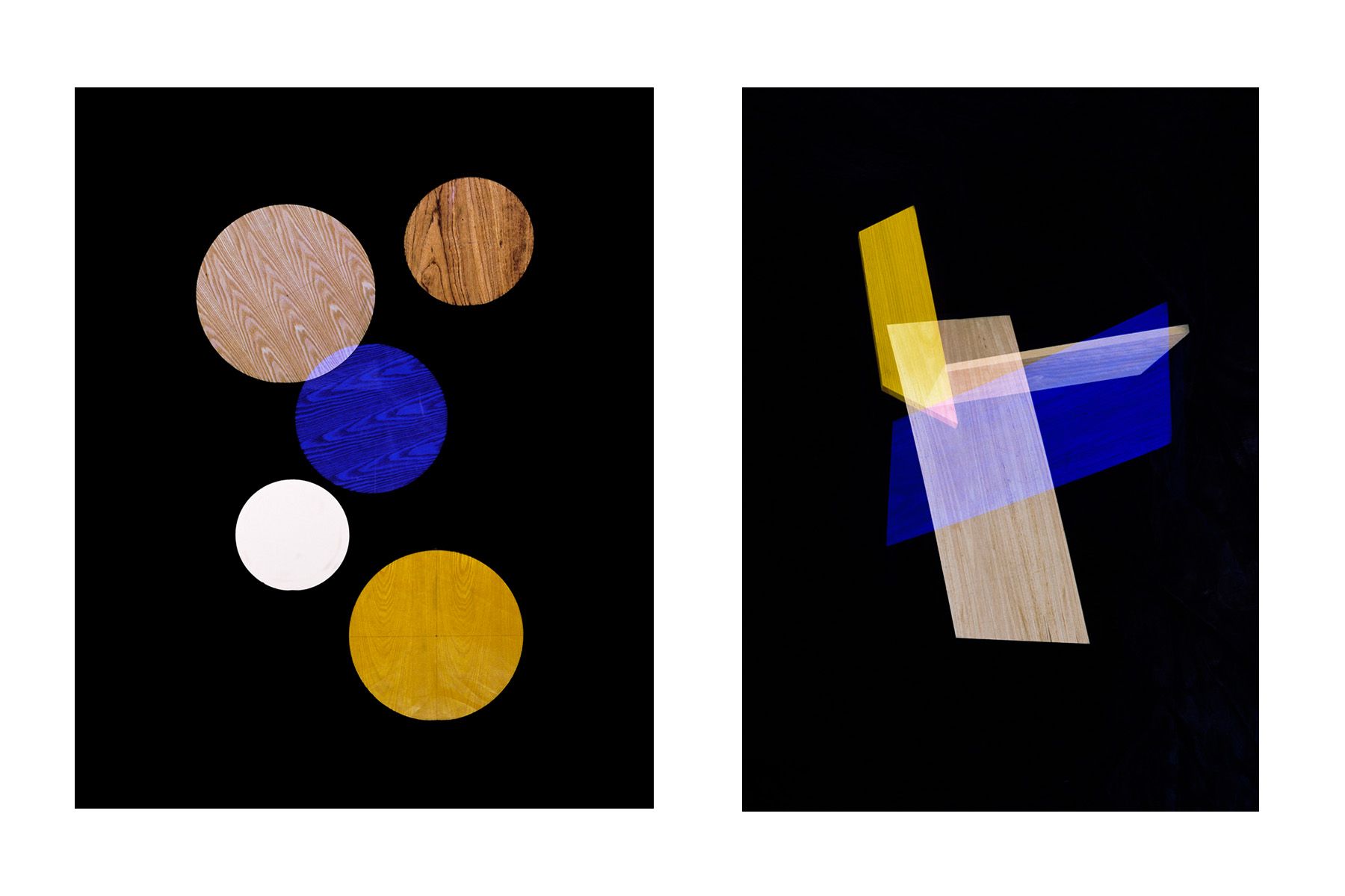 Blue, yellow, white circles, 2014 (left) ; Blue, Yellow, Intersection, 2014 (right)