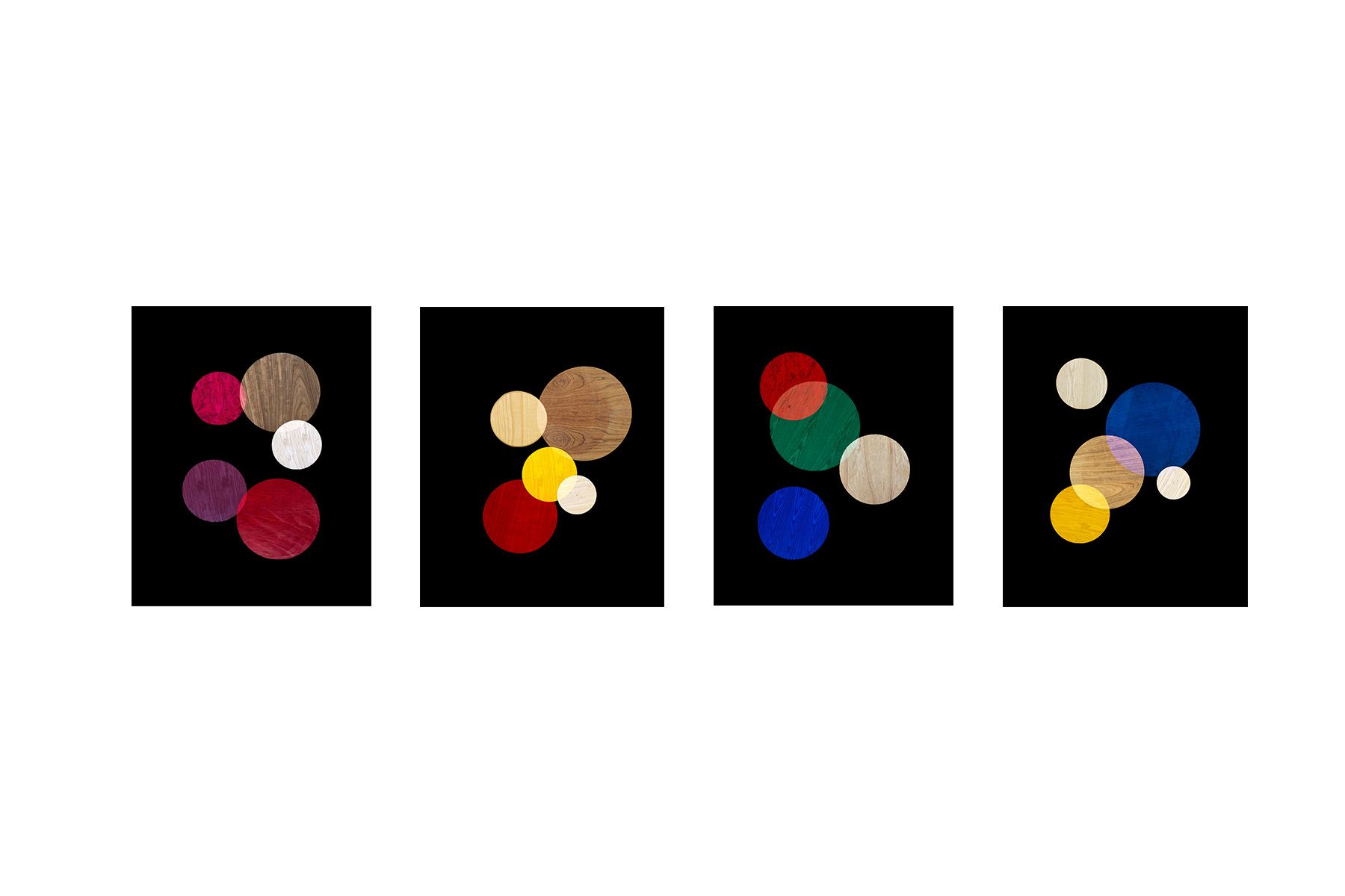 From left to right - Red, purple, pink circles, 2014 ; Red, yellow wood circles, 2017 ; Red, blue, green circles, 2014 ; Blue, yellow, white circles #2, 2017 Circle Studies