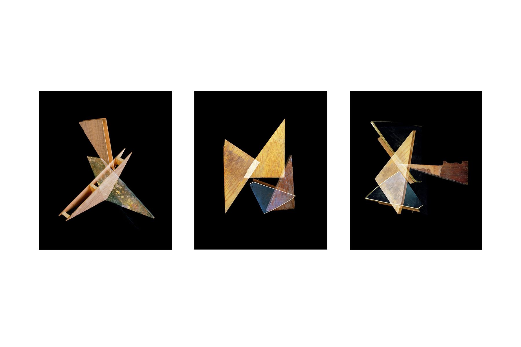 Interlocking Triangles, 2014 (left) ; Triangular planes, 2014 (center) ; Floating in Space, 2014 (right)