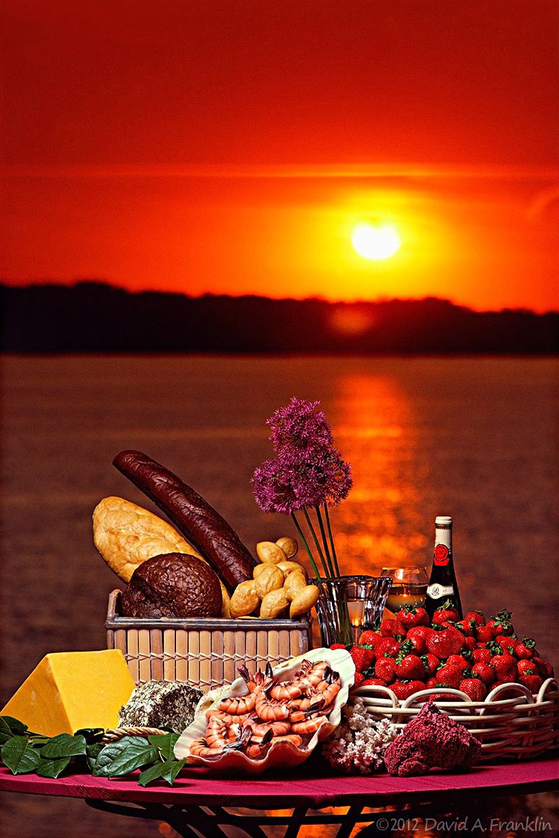 Shrimp-Bread-Strawberries-Cheese&Wine_Outdoors_SunsetOnLake_MagazineCover
