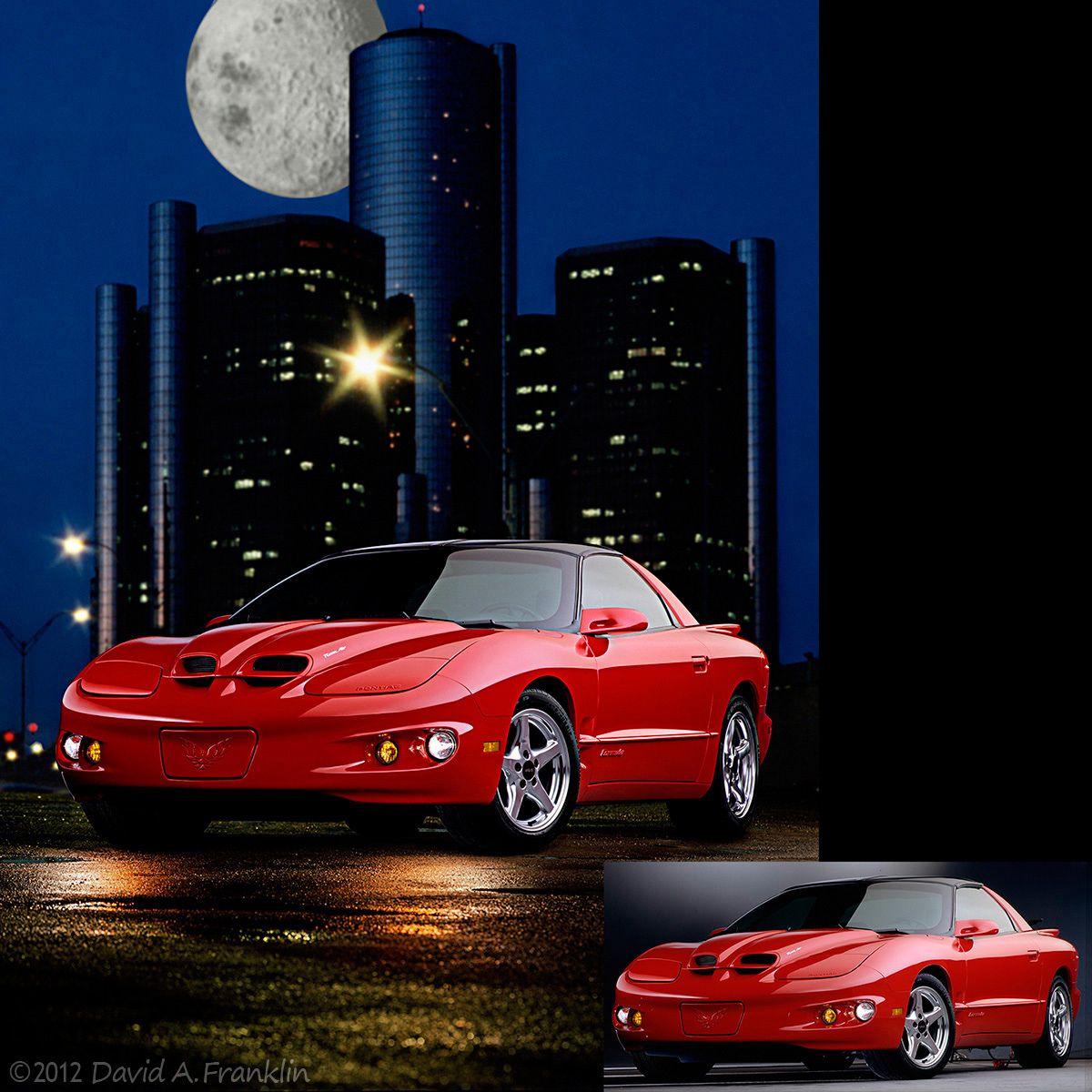 Retouching_PontiacFirebird_F34_Night-LitStreetInForeground&HugeMoon_PlusDowntownDetroitAtNight