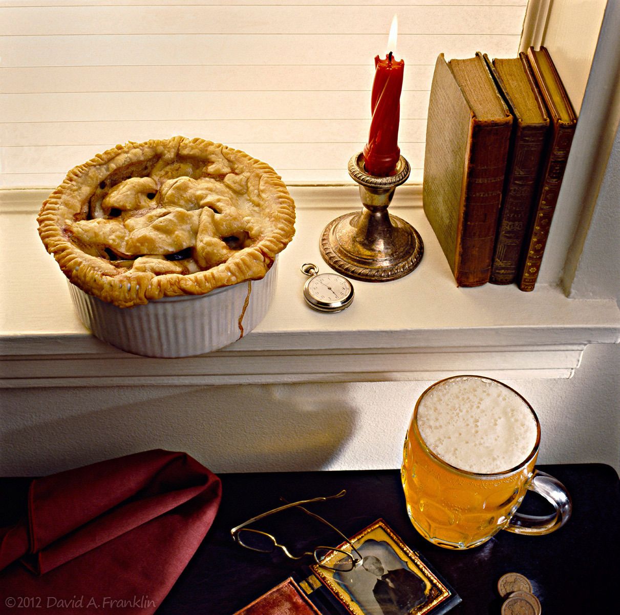 Books&Candle&MeatPieOnWindowSill_Beer&Props_19thCenturyFeel_Editorial