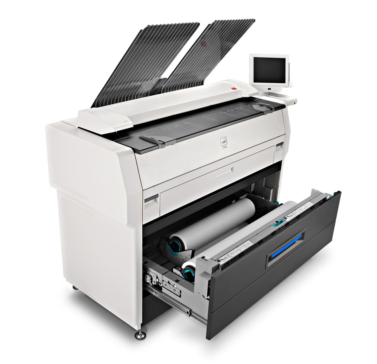 KIP_7100Printer_Front3-4_OpenPaperDrawer_Advertising