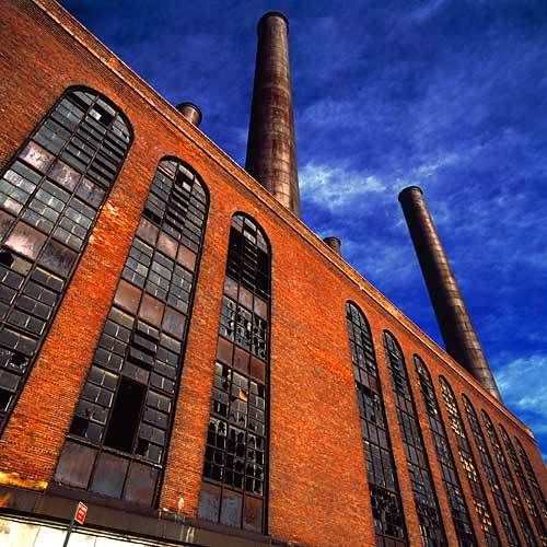 factory with smoke stacks