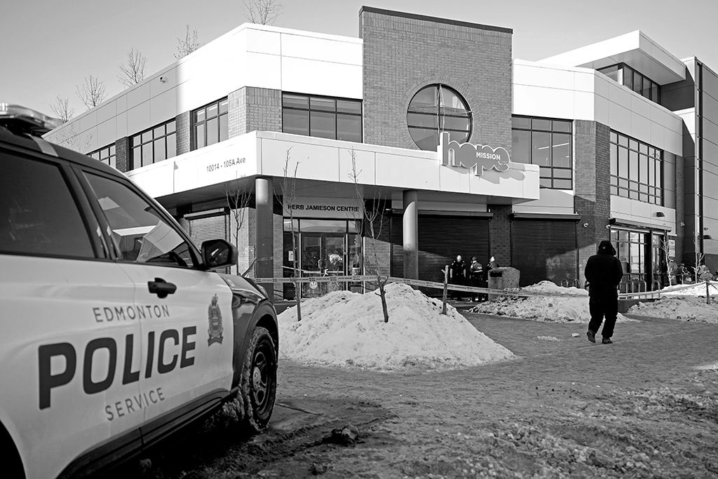 Police investigate a suspicious death outside Hope Mission's Herb Jamieson Centre emergency shelter in downtown Edmonton, Canada on January 2, 2023.