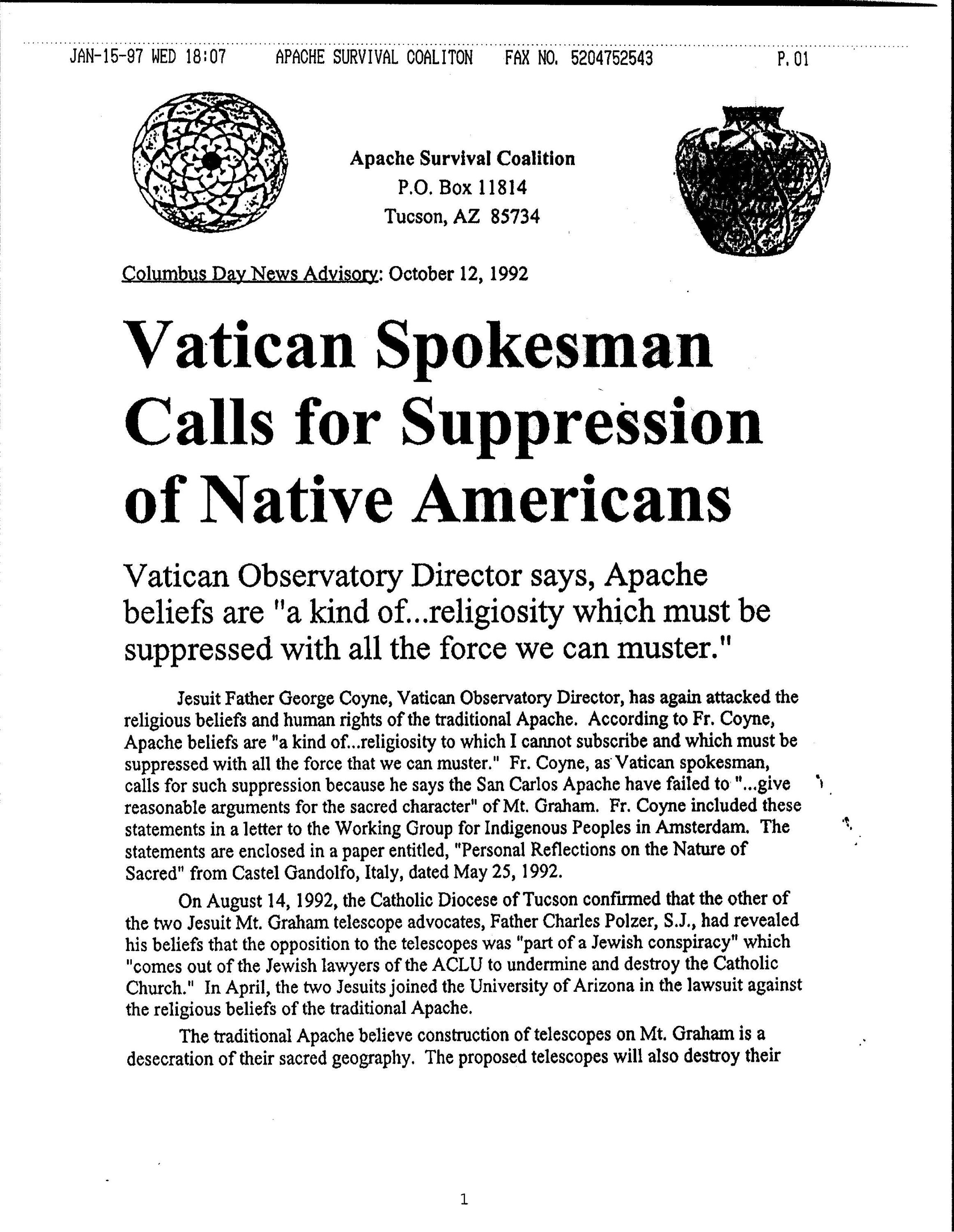 NEWS RELEASE: "Vatican Spokesman Calls for Suppression of Native Americans," Apache Survival Coalition, October 12, 1992.