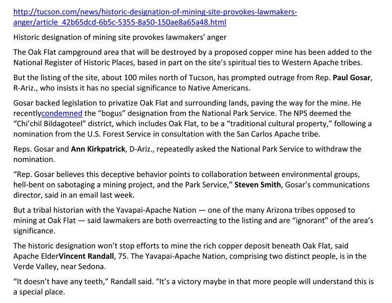 news 20160315 Historic designation of mining site provokes lawmakers anger Arizona Daily Star