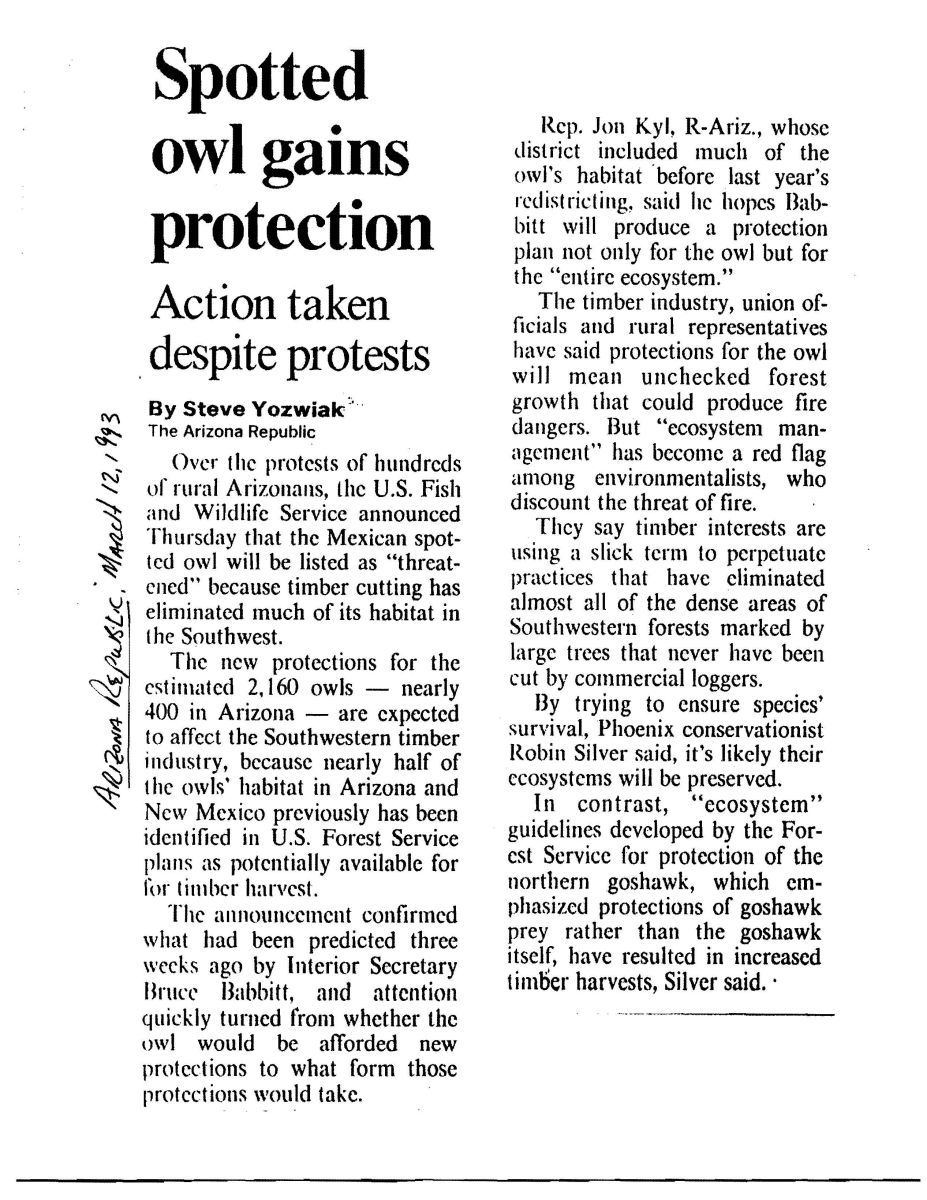 NEWS: Spotted owl gains protection ARIZONA REPUBLIC 19930312