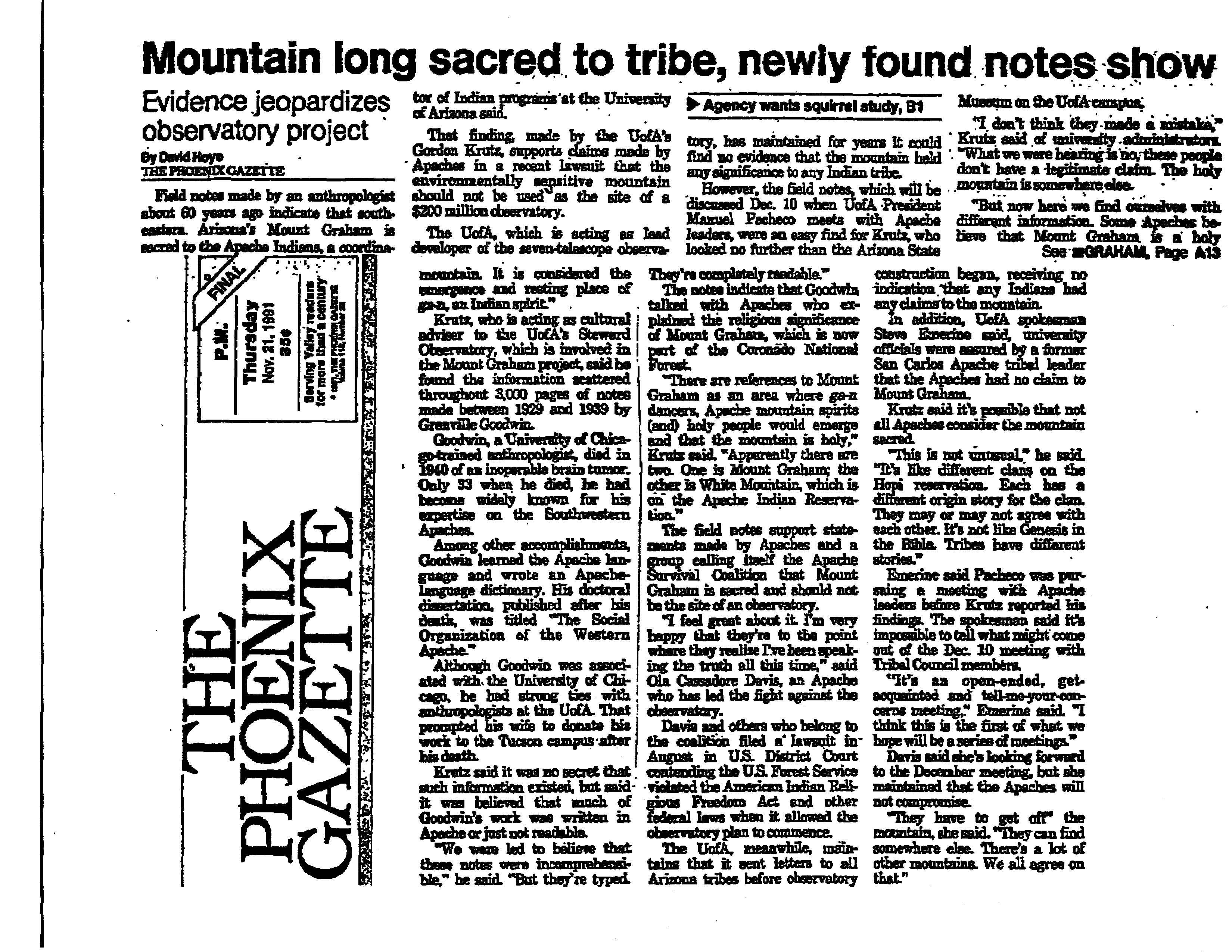 NEWS: "Mountain long sacred to tribe, newly found notes show," The Phoenix Gazette, November 21, 1991.