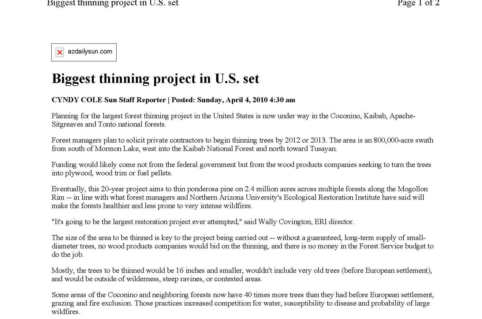 NEWS: Biggest thinning project in US set ARIZONA DAILY SUN 20100404