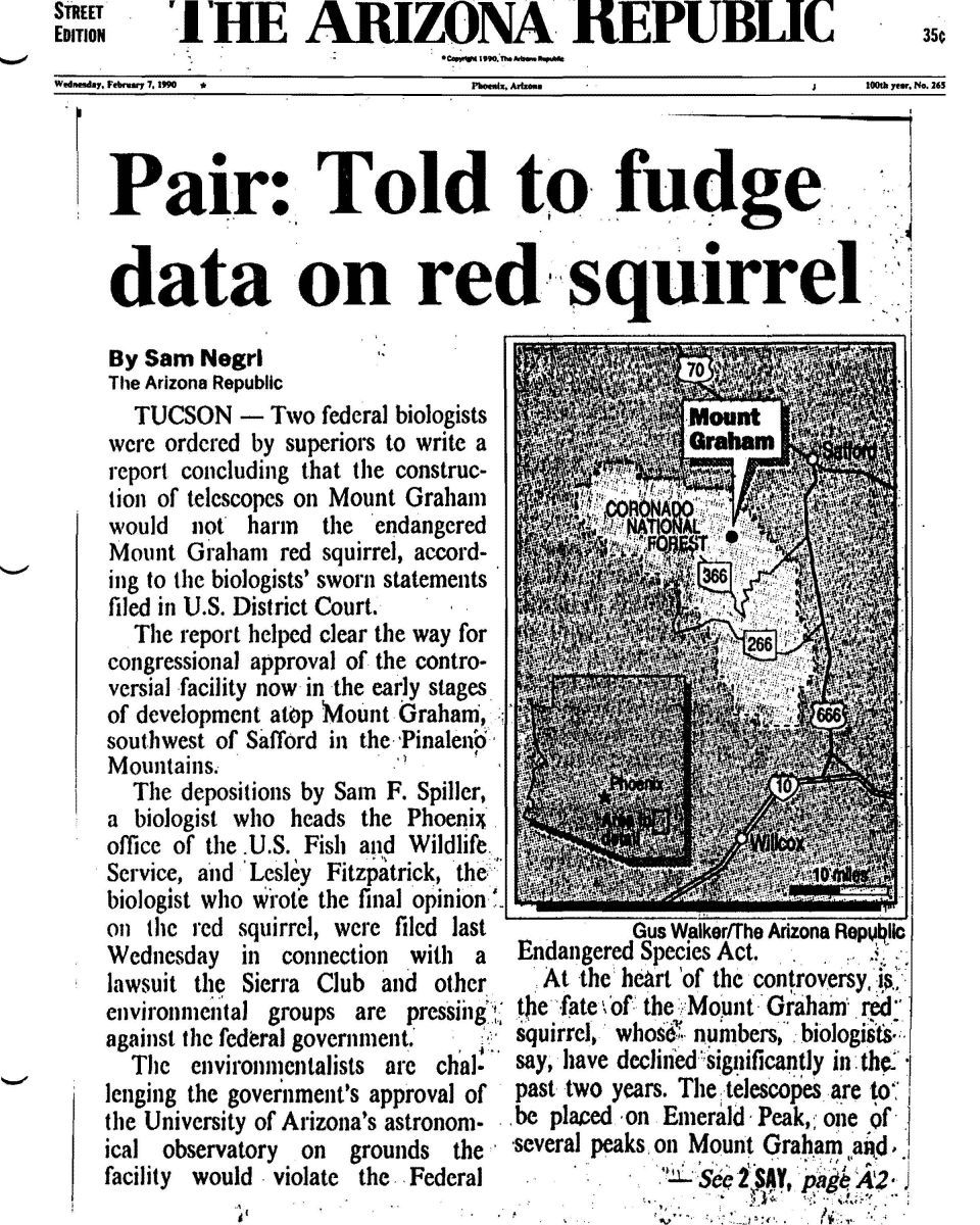 NEWS: "Pair: Told to fudge data on red squirrel," Arizona Republic, February 7, 1990.