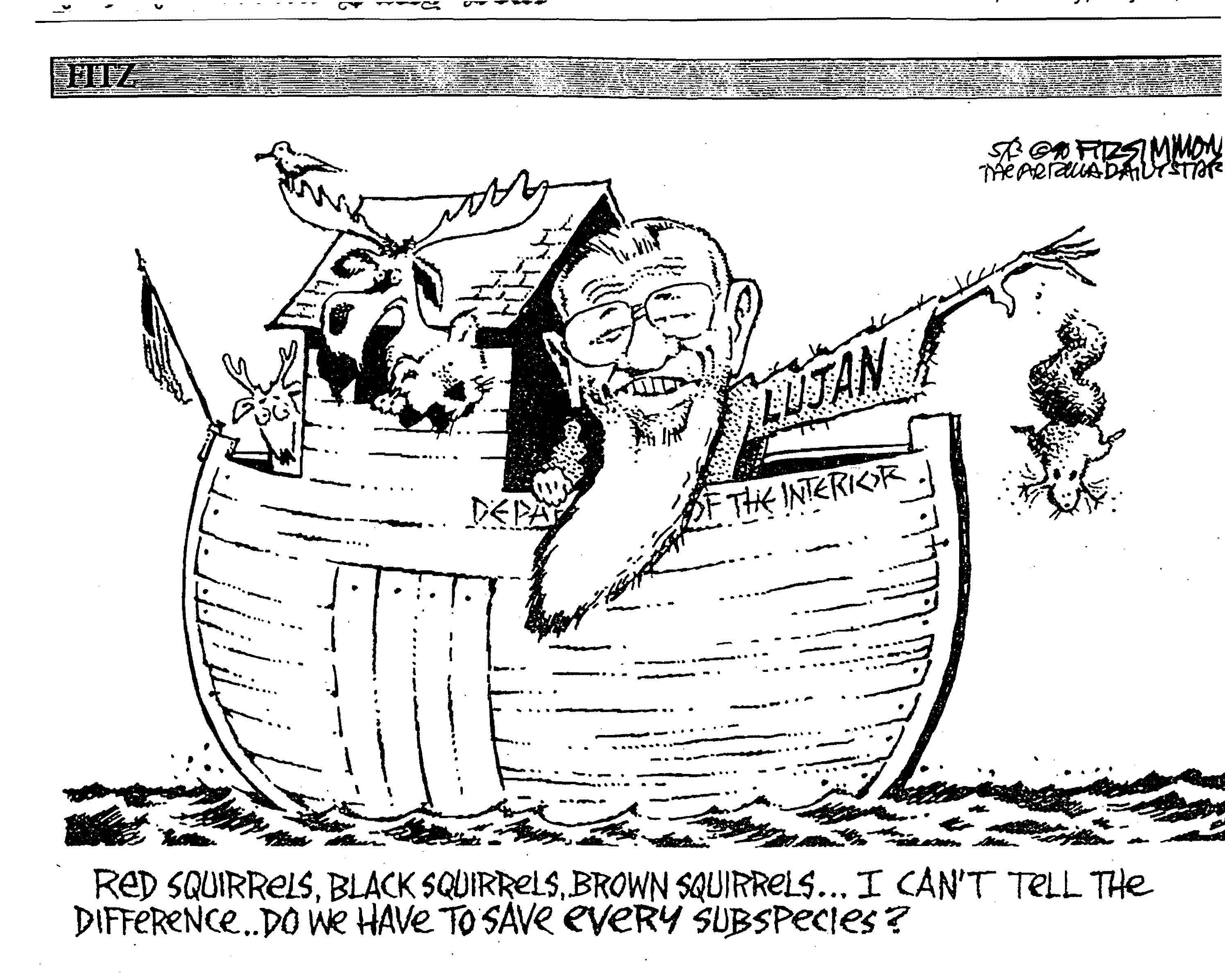 CARTOON: Interior Secretary Manuel Lujan throwing Mount Graham Red Squirrel off Noah's Ark, Arizona Daily Star, May 13, 1990.