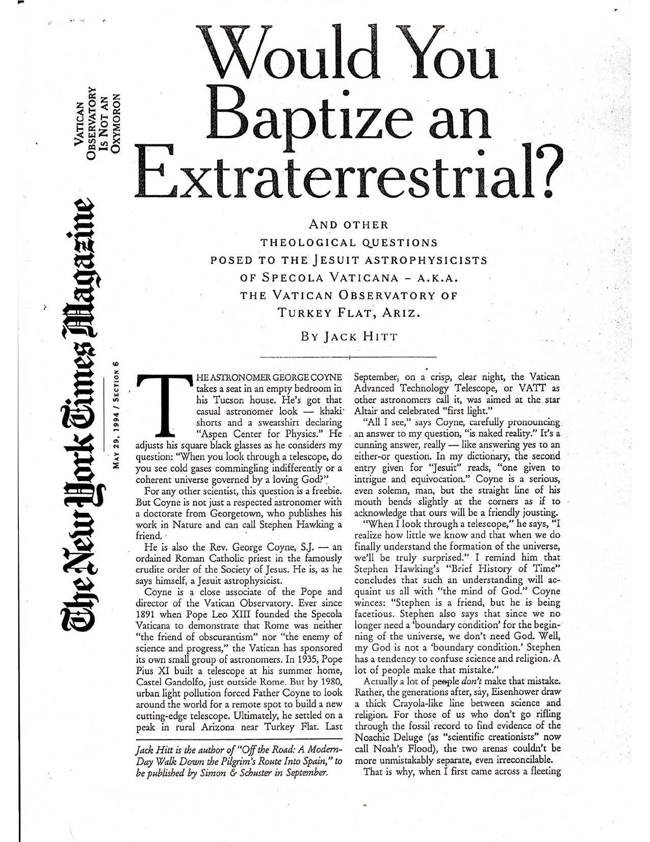 vatican 19940529 New York Times Magazine: Would you baptize an extraterrestrial?