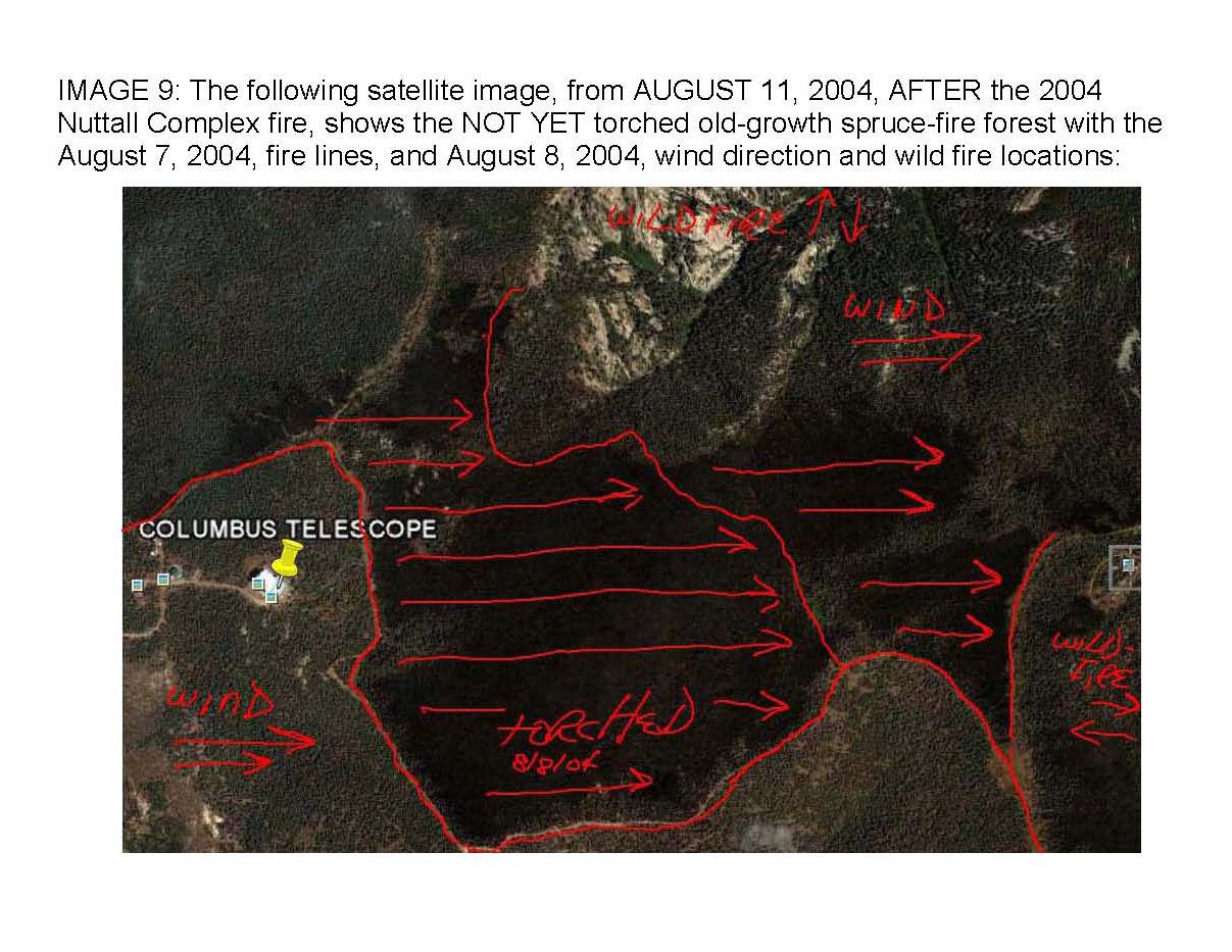 Satellite Image from August 11, 2004, AFTER the August 8, 2004, NEEDLESS TORCHING of cone-bearing, old-growth spruce/fir forest during the Nuttall Complex fire with superimposed explanations.