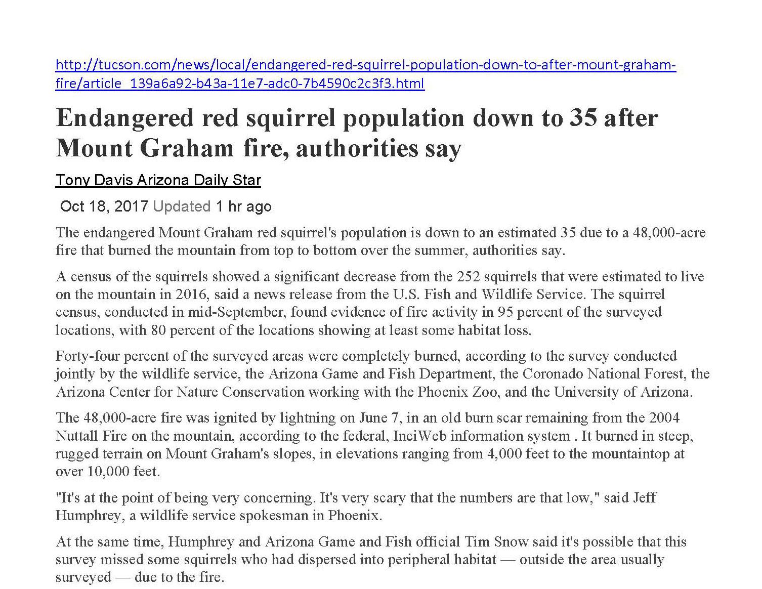 NEWS: 20171018 Endangered red squirrel population down to 35...Arizona Daily Star
