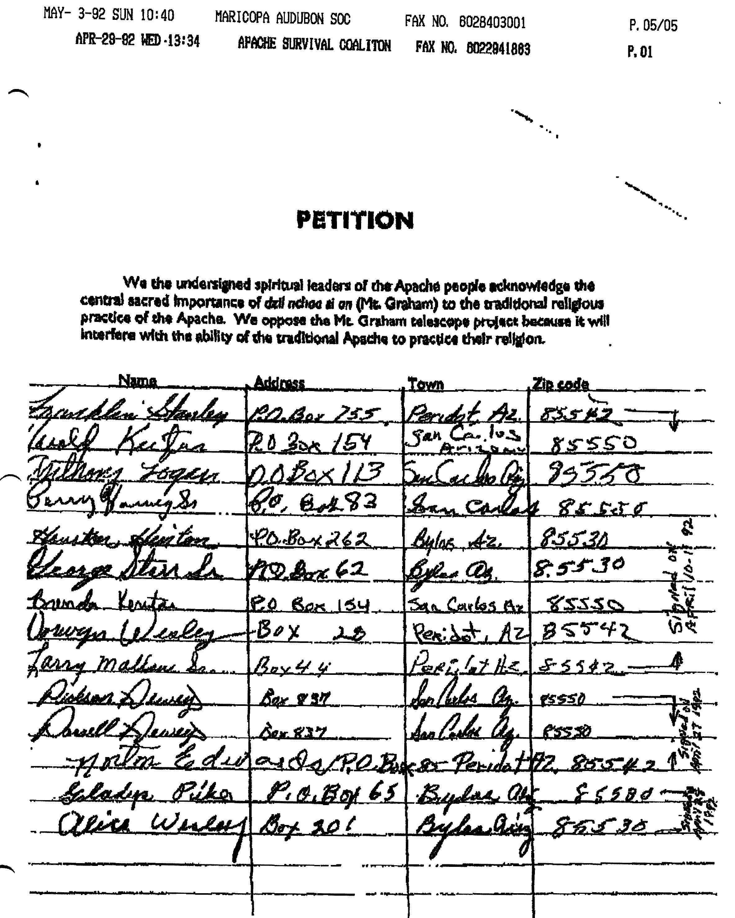 San Carlos Apache Spiritual Leaders' PETITION AGAINST MOUNT GRAHAM TELESCOPES, April 29, 1992
