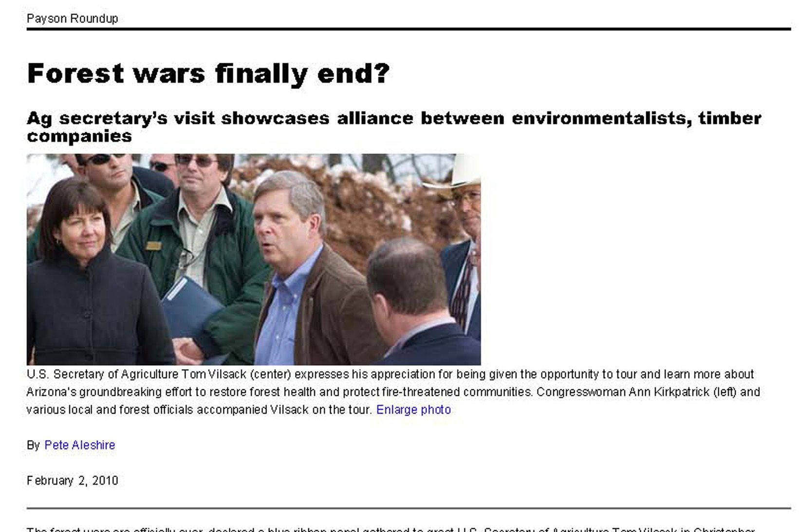 NEWS: Forest wars finally end; Ag secretary's visit showcases alliance between environmentalists, timber companies Payson Roundup 20100202